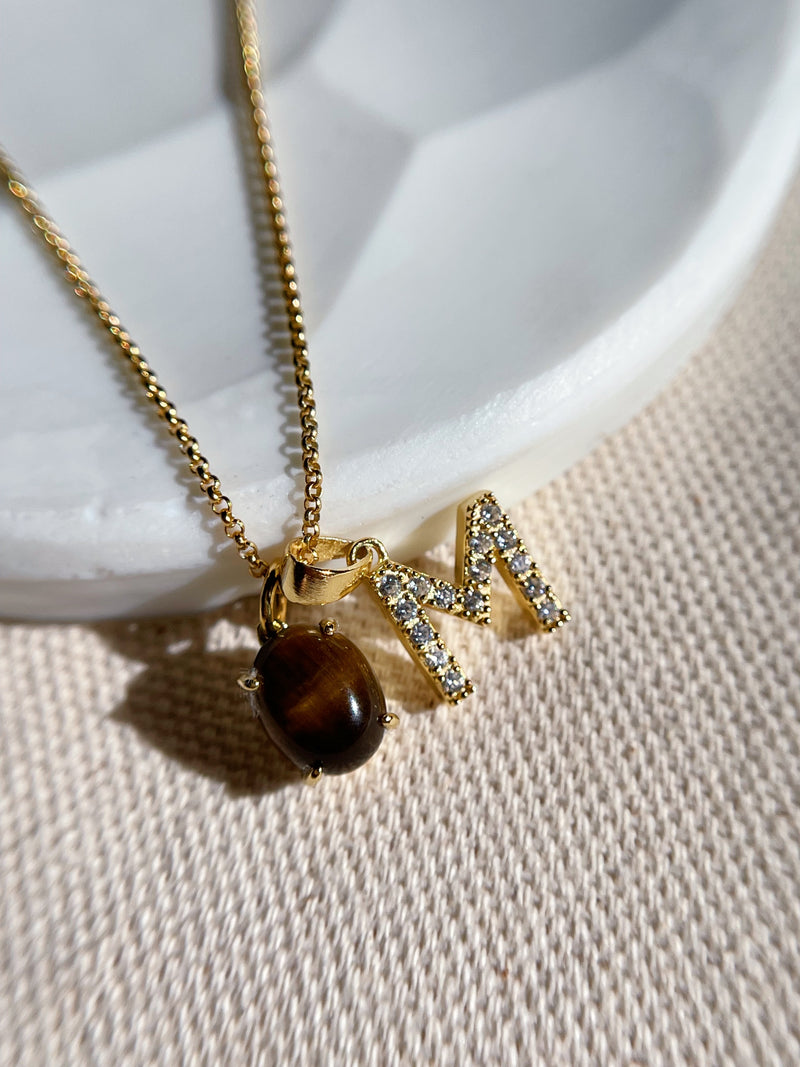 Dainty Tiger Eye Crystal Initial Necklace